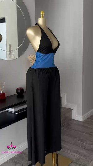 Black halter jumpsuit with denim corset waist