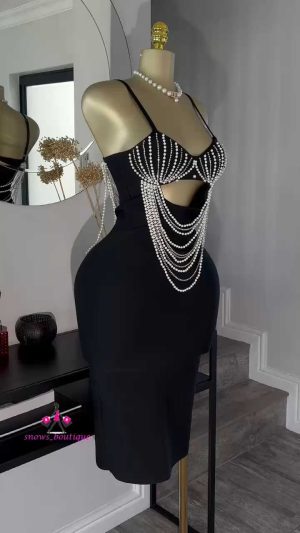 Black fashionova pearls embellished midi bandage dress