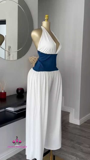 White halter jumpsuit with denim corset waist
